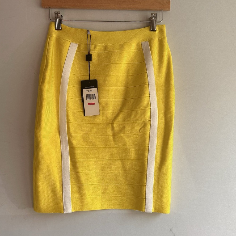 Herve Leger Yellow White Bandage Bodycon Pencil Skirt LG NWT‎ Designer Going Out